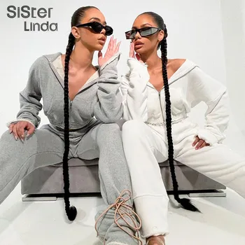 Sisterlinda Gadījuma Tracksuit Sieviešu Divi Gabals, kas garām Piedurknēm ar Rāvējslēdzēju Hoodier Top+Baggy Bikses Sieviešu Saskaņojot Tērpiem Streetwear