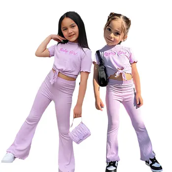 Bērniem Meitenēm Rozā Modes Apģērbu Komplekti Īss Sleee Crop Topi, T+Uzliesmojuši Bikses Gadījuma Bērni Maz Girl Vasaras Apģērbs
