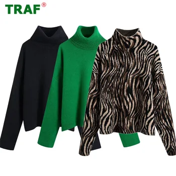 TRAF Zaļā Jersey Džemperis Sieviete 2022 Trikotāžas Džemperis Sievietēm augstu uzrullētu apkakli ar garām Piedurknēm, Sieviešu Džemperi Streetwear Puloveri Sievietēm