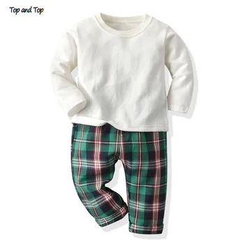 Top un Top Bērnu Pidžamas Komplekts Rudens Meitenes Zēni Sleepwear Naktsveļu garām Piedurknēm O-veida Kakla Topi+Pleds Bikses Bērnu Pidžamas