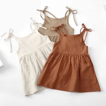Vasaras Baby Girl Dress Gadījuma Piedurknēm vienkrāsainu Kaklasaiti, Līdzi Kabatā Cute Mini Kleitu par Bērniem, Bērni Ir 2021. Jaunas