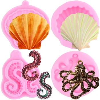 Astoņkāju Taustekļi Silikona Veidnē Shell Pomādes Veidnes Kūka Dekorēšanas Instrumentiem, Seashell Šokolādes Gumpaste Pelējuma Konfektes Māla Veidnes