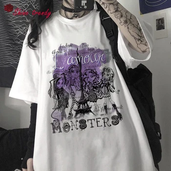 Sieviešu T-krekls Harajuku Y2K Topi Harajuku Tee Krekli Black Monster High Punk Gothic Anime Monster Drukāt Tshirt Sieviešu Drēbes