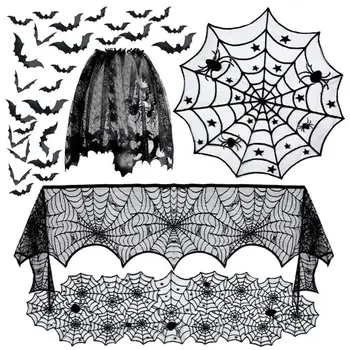 Halloween Black Tablecover Taisnstūra Zirnekļa Tīkls, Bat Mežģīņu Galdauts Gothic Halloween Puse Mājas Rotājumi