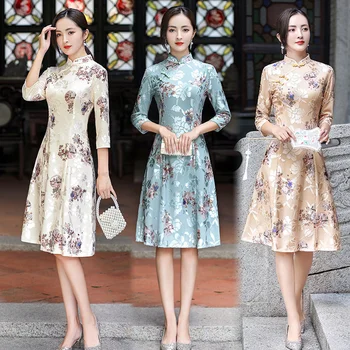 Cheongsam Slim Ar Garām Piedurknēm Sievietēm Hanfu Ķīniešu Kleitu, Tērpu Orientale Vestido Chino Mūsdienu Vintage Qipao Valstu Modes Stils