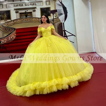 Luksusa Dzeltena Quinceanera Kleita Meksikas Meitenes Appliques Krelles Strapless Korsete Princese Bumbu Tērpi 15 vestidos de fiesta