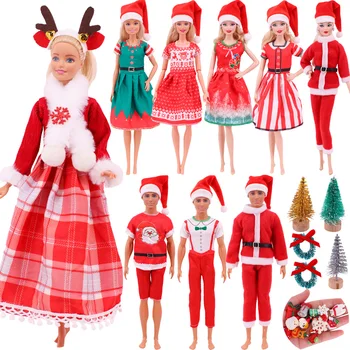 Ziemassvētku Tērps 11.8 collu Barbies Lelle Meitene Ken Princis Santa Cepure+Svārki/Bikses Sveķu Mini Ziemassvētku Eglīte Barbie Drēbes Dāvanas