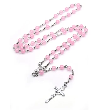 QIGO Katoļu Rotaslietas Ilgi Rozā Stikla Pērlītēm Virgin Cross Rožukroni Kaklarota Sievietēm Reliģisko Dāvanas