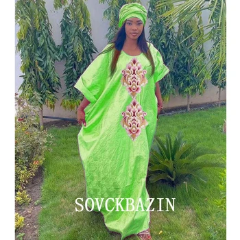 2023 Jaunu Baseinu Tissu Āfrikas Kleitas Sievietēm Riche Bazin Oriģinālu Tērpu Nigērija Tradicionālo Puse Brokāta Kleita Ar Lakatu
