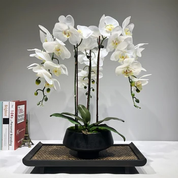 Liela Mākslīgā orhideja, ziedu kompozīcijas, PU nekustamā touch roku sajūta, grīdas, Galda Dekorēšana home augstas kvalitātes pušķis nr. vāze
