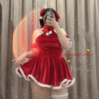 Jauno Sieviešu Plus Lieluma Ziemassvētku Kleita Sarkanā Plīša Sexy Puse Mini Kleita Salds Anime Cosplay Santa Klausa Tērpu Gudrs Jauno Gadu Apģērbs