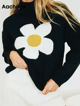 Aachoae Sieviešu Šiks Ziedu Iespiesti Džemperi Vintage Garām Piedurknēm Augstu Uzrullētu Apkakli Džemperis Topi Sieviešu Modes Gadījuma Džemperi