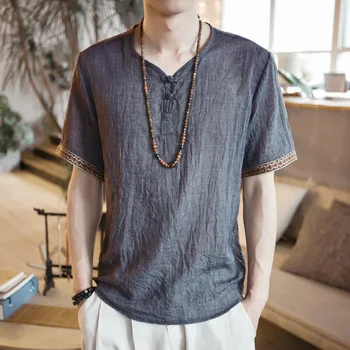 Ar Īsām Piedurknēm T Krekls Ķīniešu Tradicionālo Apģērbu Vīriešu Retro Hanfu Tang Uzvalks Streetwear T-Veida Topi Vasaras Vīriešu Kokvilnas, Linu Blūze