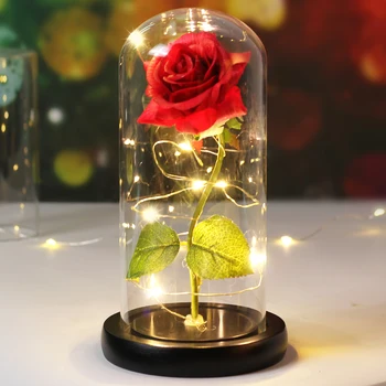 Sajūsmināja Skaistums Un Zvērs Rozes Zieds ar Melnu Bāzes LED Light Stikla Kupola Valentīna Ziemassvētku Dāvanu Kāzu Mājas Dekoru