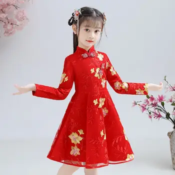 Tradicionālo Ķīniešu Jaunais Gads Drēbes Tang Tērpi Rudens Ziemas Rozā Iespiesti Cheongsam Kleita Meitene Princešu Kleitas Bērniem No 3-12 Gadiem