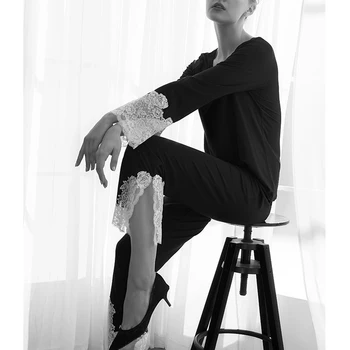 2022. Gada Pavasarī Francijas Elegants Mežģīņu Raibs Pliks Guļ Mīksts Modāla Dāmas Homewear Pidžamas Komplekts Sievietēm