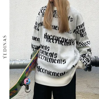 Yedinas Streetwear Drukāt Vēstuli Džemperis Sievietēm Ir 2021. Rudens Ziemas Y2k Garām Piedurknēm Silts Džemperis O Kakla Dāmas Džemperis Korejiešu Stilā