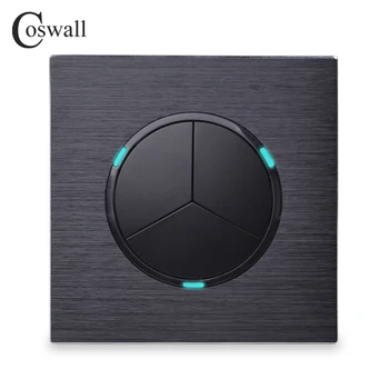 Coswall 3 Banda 1 Veidā, Izlases Noklikšķiniet uz On / Off Sienas Gaismas Slēdzis Ar LED Indikatoru Melna / Sudraba Pelēks Alumīnija Metāla Paneli