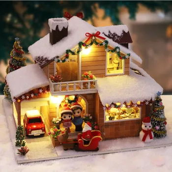 Diy Koka Ziemassvētku Vakars Namiņš Komplekts Miniatūras Māja Ar Mēbelēm Casa Sniega Māja Ēšanas Telpā Namiņš Rotaļlietas Bērniem
