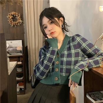 Vintage V-veida Kakla Pleds Sieviešu Džemperis Vienu Krūtīm, Jaciņa Sievietēm Rudens Ziemas Korejas Modes Novāktajiem Jaka