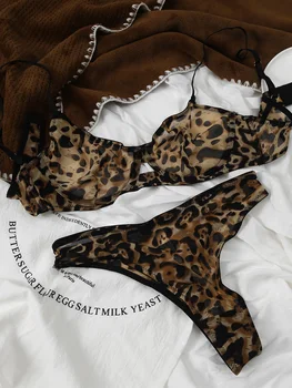 Sexy Underwire Bra Komplekts Leopards Drukāt Acs Milzīgais Slim Apakšveļa Sandales Sieviešu Liela Izmēra Bralette ar Uzvalku Bikses