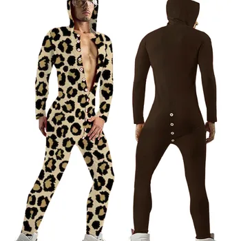 Sieviešu Sexy Leopards Drukāt Pidžamas Buttoned Onesies Sleepwear Muca Bum Atvērt Ass Atloks Jumpsuit Ziemassvētki Drukāt Ilgi Romper Nightie