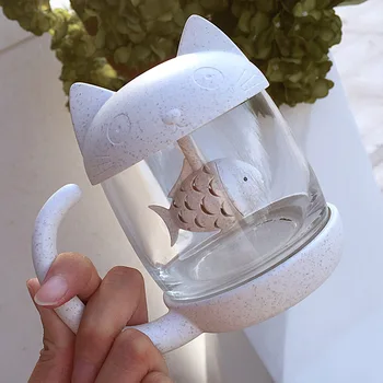 Karikatūra Kaķis Tējas Tase ar Zivju filtrs augstas kvalitātes silīcija stikla sietiņš kausa Radošo krūze tējas komplekts
