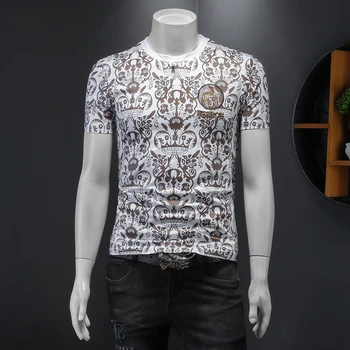 Augstākās Kvalitātes Luksusa Vintage Print T Krekls Vīriešiem Mercerized Kokvilnas Ar Īsām Piedurknēm Gadījuma T-Kreklu Biznesa Sociālo T Krekli, Vīriešu Apģērbs