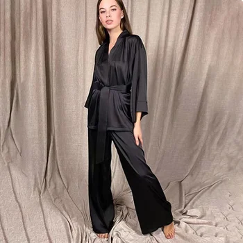 Pidžamas Komplekts Sievietēm, kas Zīda Sleepwear tīrtoņa Krāsu Collarless Ilgi Pijama Eleganta, Ērta Jaciņa Mežģīņu Augšu Loungewear Pidžamas
