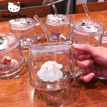 Karikatūra Anime Sanrio Stikla Salmu Kauss Ar Vāku Melodiju Kuromi Cinnamoroll Bērniem Pienu, Tasi Ūdens Kausa Meitenes Kafijas Brokastis Kauss