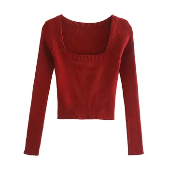 BLSQR Vintage Kvadrātveida Kakla Sieviešu Džemperis Sarkanā krāsā ar garām Piedurknēm, Sieviešu trikotāžas džemperis Elastību dāmas džemperis džemperis