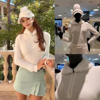 Golfa apģērbs Sieviešu vilnas apkakle plānas samta silts krekls plīša garām piedurknēm zemāko krekls Sieviešu tops