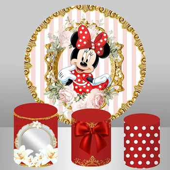 Sarkanā Minnie Mouse Apaļi Fona Cilindru Pjedestāla Aptver Zelta Rāmis Apļa Fona Elastīgs Dzimšanas dienas svinības Dekori galda banner