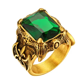 Vīriešu Zelta Krāsā Vintage Gothic Pūķis Talkā Biker gredzenu Joslā zaļā CZ Kristāla ,nerūsējošā tērauda modes pāri pirksta gredzenu rotaslietas