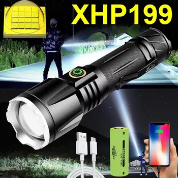 Jaunu XHP199 Spēcīgākajiem LED Lukturīti Lāpu USB Lādējamu XHP160 Taktisko Flash Gaismas 18650 Ūdensizturīgs Zoomable Puses Lampas