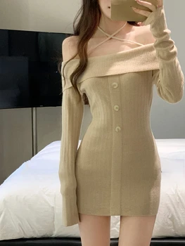 Cietā Sexy Y2k Mini Kleita Biroja Dāma 2022 Rudens Elegants Bodycon Trikotāžas Džemperis Kleita Sieviete Slim Viens Gabals Kleita Korejas Modes