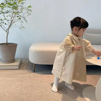 Toddler Meitenes Gudrs Puff Piedurknēm Lelle Apkakles Ilgi Svārki Tīrtoņa Krāsu Gadījuma Garām Piedurknēm Kleita 2022 Bērnu Modes Princese Saģērbt