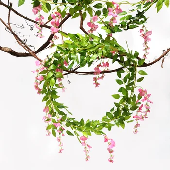 Imitētu Wisteria ziedu rotangpalmas pupu ziedu rotangpalmas koka apdare augu mājās, kāzu dekorēšana paplašināma mākslīgās privātuma žogu