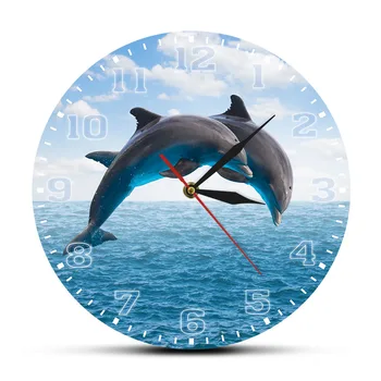 Divas Lekt Delfīni, Jūras Ainava Zilā Sienas Pulkstenis Dziļi Okeāna Ūdeņos Ar Cūkdelfīnu, Klusa Kustība, Sienas Pulksteņu Jūras Dzīvniekiem, Wall Art