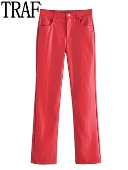 TRAF Sarkana Mākslīgās Ādas Bikses Sieviešu Augstās Jostasvietas Bikses Sievietēm 2022 Rudens Gadījuma Baggy Bikses Modes Streetwear Sieviešu Bikses